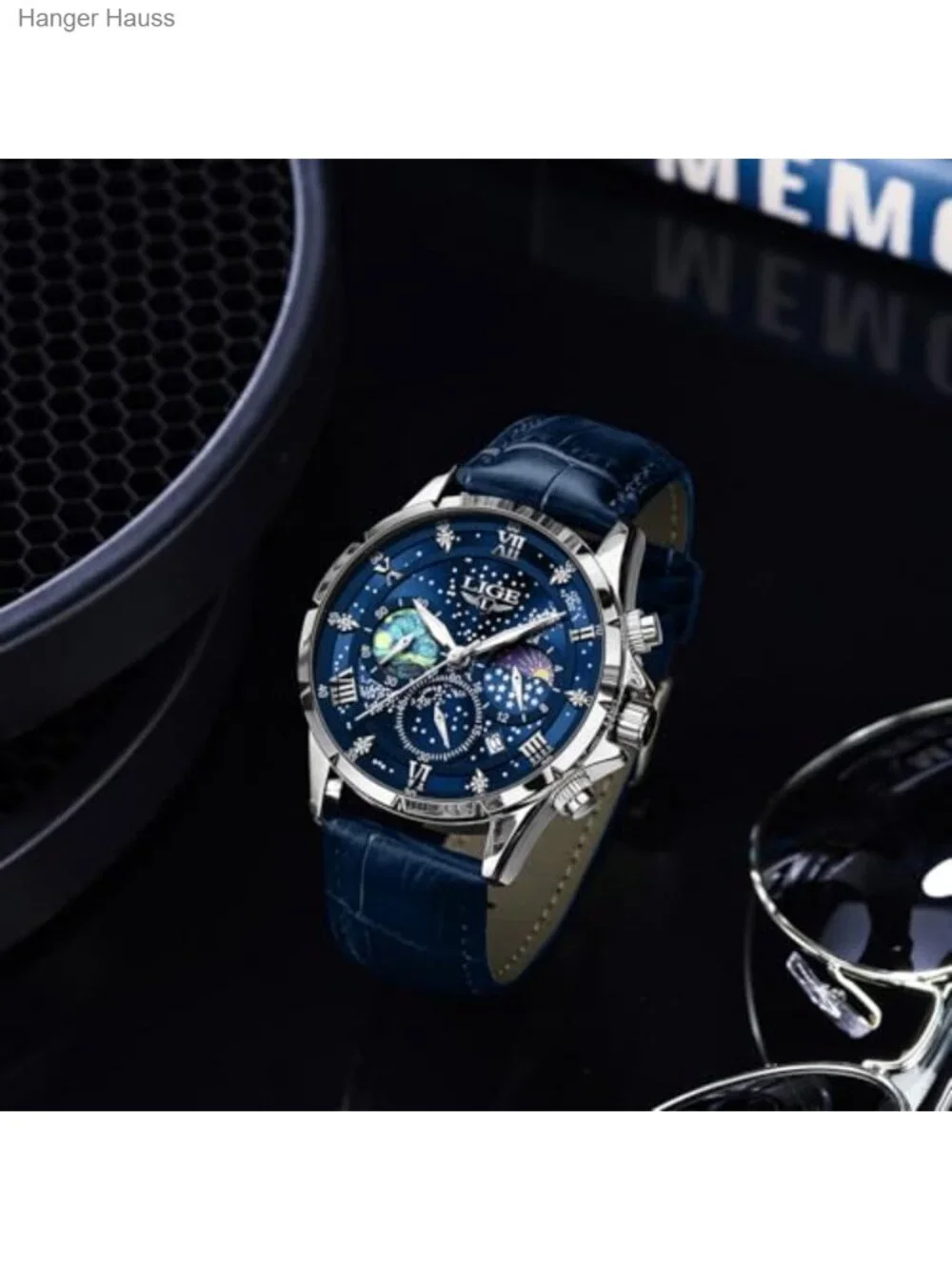 Men's Waterproof Chronograph Quartz Wrist Watch with Genuine Leather Strap Date